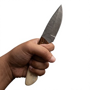Cuchillo de caza y camping de hoja fija con punta de caída, de acero de Damasco, con mango de madera y hueso, personalizable DIY - Product Image 1