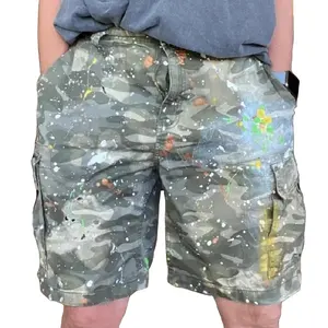 2024 Custom Hip Hop Denim Pour Hommes Unisex Acid Wash Plus Size 100% Cotton Painted Camo Cargo Men's Shorts