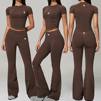 Ensemble de yoga sans couture à manches courtes côtelées, haut court et pantalon large, tenue de sport taille haute avec leggings évasés effet push-up