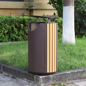 New Modern Outdoor Trash Bin For Park Streetscape Round Waste Bins With 60L Trash Bin Outdoor With PS Wood Commercial Garbage