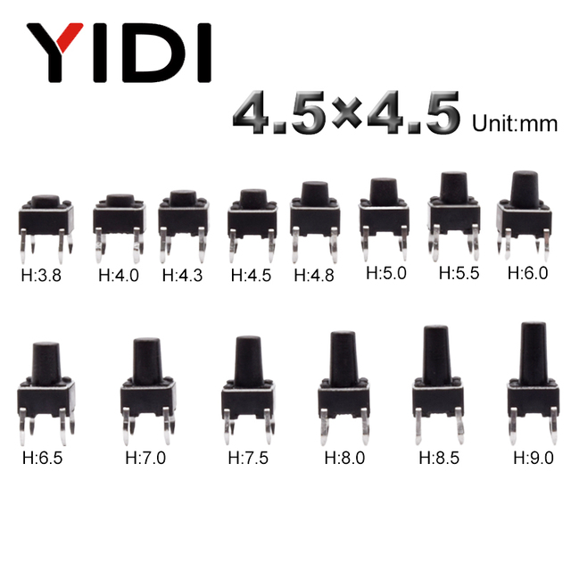 Metal Micro 4.5x4.5 Momentary Reset Tactile Push Button on Switch Vertical Dip 4 Pin Panel PCB Board H=4/5/6/7/8/9mm