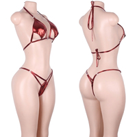 Tenue de club exotique personnalisée : Lingerie en maille transparente deux pièces avec détails métalliques ajourés, hauts licou et string