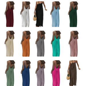 Vestido largo maxi bohemio para mujer con tirantes finos, sin espalda, cintura imperio, lazo trasero, ideal para vacaciones en la playa, estilo casual. - Product Image 2