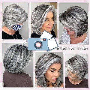 Peluca Corta Rizada Hecha a Máquina con Cabello Humano 100% Real <span class=keywords><strong>para</strong></span> <span class=keywords><strong>Personas</strong></span> <span class=keywords><strong>Mayores</strong></span>, 8 Pulgadas en Gris Oscuro, Gris Claro, Gris Abuela - Product Image 3