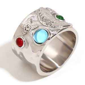 Bague large en acier inoxydable plaqué or 18 carats, incrustée de pierres précieuses colorées, style rétro, texturée, pour femme - Product Image 2