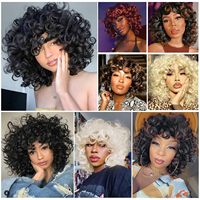 Perruque Afro Bouclée Ondulée Lâche Synthétique Ombrée Brun Foncé Grande Volumineuse Moelleuse Courte Kinky Bouclée Avec Frange pour Femme