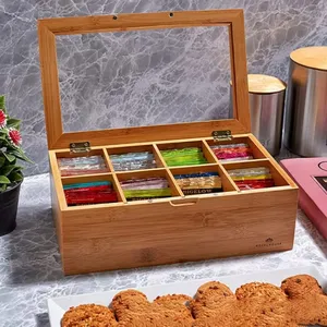Tea Bag Organizer Storage Box Wooden Tea Bag Holder with 8 Compartments and Transparent Top Window