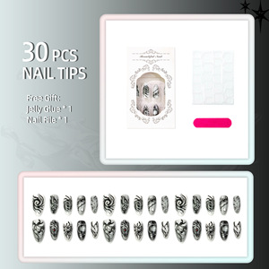 Faux ongles gothiques Y2K pour Halloween, 30 pièces, en amande, motif tourbillon foncé, doré à chaud, pour fête cosplay, style DIY - Product Image 2