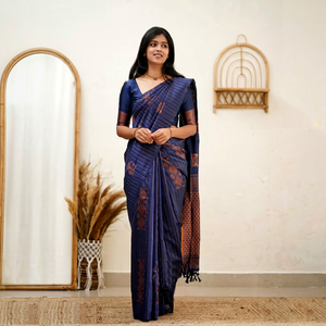Sari Tradicional de Seda Azul con Borde Marrón para Mujer, para Bodas, Diwali, Fiestas, Protección Solar, Estilo India/Pakistán - Product Image 1