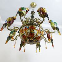 Lustre en verre teinté en forme de perroquet, 10 lumières à intensité variable, suspension dorée, luminaire vintage en mosaïque d'oiseaux pour salon/restaurant