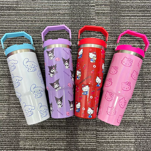 Vaso de paja con tapa de acero inoxidable de 30oz personalizado taza aislada de viaje de gatito de dibujos animados con asa para bebé niño adulto - Product Image 4
