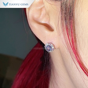 Tianyu Gems Custom 14K gold Asscher Cornflower Lab sapphire and Red Round Corundum Women style <b>Earrings</b> <b>studs</b> - Product Image 3