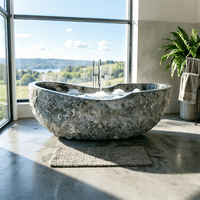 Baignoire d'angle autoportante de luxe en marbre noir foncé irrégulier, en pierre naturelle, pour hôtel et maison, style béton, vente en gros