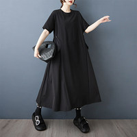 Nouvelle Robe Longue Tricotée Femme 2026, Taille Élastiquée, Col Rond, Manches Courtes, Coupe Ample, Poches Plaquées, Grande Taille, Style Gothique Sombre, Été, Vente en Gros