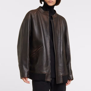 Veste en cuir véritable pour femmes OME, poids lourd, poche personnalisée, haute qualité, décontractée, fermeture éclair intégrale, coton matelassé, unie, en cuir pour femmes - Product Image 2