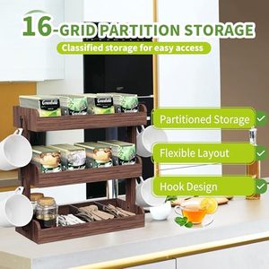 202509 mensola per tè in legno 3 piani Organizer per bustine <span class=keywords><strong>da</strong></span> tè a <span class=keywords><strong>parete</strong></span> con partizioni 4 ganci - Product Image 2
