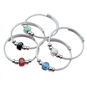 Women's stainless steel colored glazed beads metal open elastic thread hoop bracelet