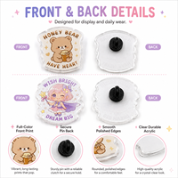 Épingles/broches/pendentifs en acrylique transparent de haute qualité, conçus sur mesure, avec des motifs de dessins animés mignons.