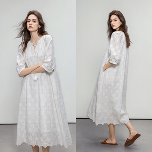 Demana French Style Cotton Dress Women Summer Lace Embroidery Tie Up Ruffle Long Skirt - Product Image 3