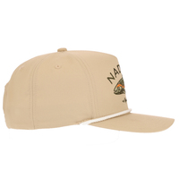 Gorra de Pesca Personalizada de 5 Paneles con Cordón, Tejido Micro Pique de Alto Rendimiento, Color Caqui Claro, Bordado Plano, Estructurada, Visera Curva, Cierre a Presión