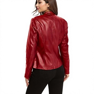 Women PU Leather Windproof Lightweight Short Motorcycle Biker Jacket <b>Cherry</b> Red <b>Chocolate</b> Custom OEM Supplier - Product Image 3
