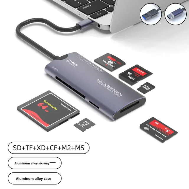 High-Speed USB External Aluminum Alloy Multifunction Card Reader Supporting SD TF MS MicroSD for Computer and Mobile Phone