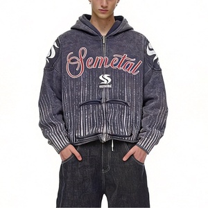 Hoodie court personnalisé sérigraphié en coton, motif graphique délavé à l'acide, de créateur, vente en gros, poids lourd, à fermeture éclair pour hommes - Product Image 1