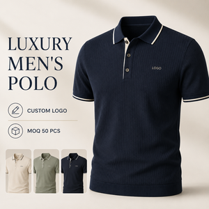 เสื้อโปโลกอล์ฟผ้าถักลายโลโก้ออกแบบได้ตามต้องการสำหรับผู้ชายสีกรมท่าตัดขอบแขนสั้นตัดยี่ห้อตามต้องการ - Product Image 1