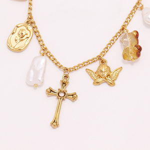 Designer oro 18k in acciaio inox PVD placcato oro molti charm cupido piccolo orso croce perla ciondolo collana a catena gioielli - Product Image 4