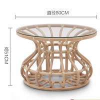 Table basse ronde en rotin de style bohème, plateau en verre, base en osier pour restaurant, café