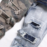 Jeans camouflage à jambes fendues pour hommes, patchwork contrastant, denim slim, effet empilé, streetwear déchiré, décontracté, personnalisé, OEM