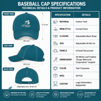 Gorra de Béisbol Personalizada OEM de 6 Paneles, de Sarga de Algodón, con Bordado 3D de Hoja Blanca, Visera Curva Ajustable, Unisex, para Adultos, Gorra Corporativa