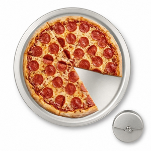 Juego de 2 utensilios para pizza con bandeja redonda de aluminio y cortador de pizza con <span class=keywords><strong>rueda</strong></span> para hornear y servir en la cocina del hogar - Product Image 1