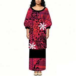 Tenue Puletasi deux pièces pour <span class=keywords><strong>femme</strong></span>, col bateau, manches courtes, imprimé tribal polynésien rouge et noir personnalisé et motif floral blanc, grande taille - Product Image 1
