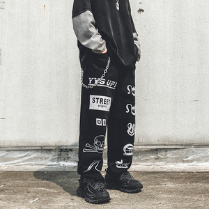 Phong Cách Đường Phố Trong Châu Âu Và Mỹ Phổ Biến Hộp Sọ In Ấn Thương Hiệu Mens Hip Hop Jeans Đen Rộng Chân Loose Jeans - Product Image 2