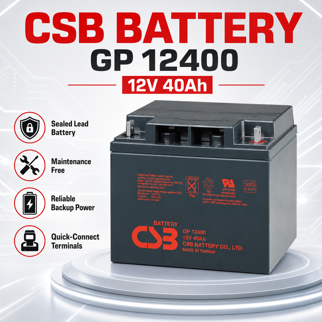 CSB GP12400 12V 40Ah Sealed Lead Acid Battery 12.92kg 197x165x170mm Taiwan 480Wh Rechargeable VRLA for UPS