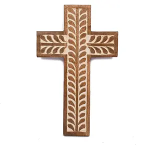 Mango Wood Religious Catholic Cross Wall Hanging Floral Carvings Living Room Home Decor for Entryway Office Living Room