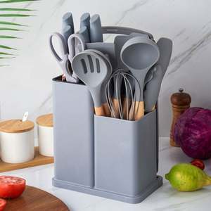 Ensemble d'ustensiles de cuisine en silicone écologique 19 pièces avec support de rangement pour couteaux couleur paille de blé - Product Image 3