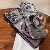 Casing Ponsel dengan Bracket Magnetik Berkilau untuk 18/17/16/15/11/12/13/14/13, Silikon Kaca Temper Berlian Berkilau