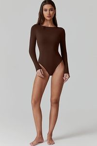 Body de manga larga con cuello redondo y corte alto, ajustado, de doble forro, estilo camiseta básica, adelgazante, para uso diario, superventas para mujer - Product Image 6