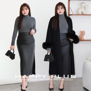 Abrigo largo de lana para mujer Happy Plus con puños de piel, talla grande, ropa de abrigo de invierno, negro, largo completo, abrigo cálido para mujer - Product Image 3