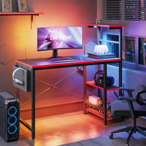 Bureau de jeu moderne en métal avec étagères de rangement et éclairage LED, finition noire, table de travail multifonctionnelle pour ordinateur - Product Image 4