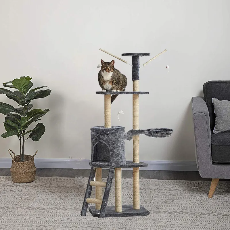 Decorativo di Legno Albero Zampa del Cane Stampato Tessuto di Case Per I Gatti Del Progettista Mobilia Del Gatto Attività Casa Cactus Scratch Post