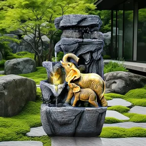Fuente de agua de <span class=keywords><strong>roca</strong></span> de resina con luces LED-Fuente de cascada familiar de elefante de 17,7 pulgadas de altura, decoración de jardín interior/exterior - Product Image 1