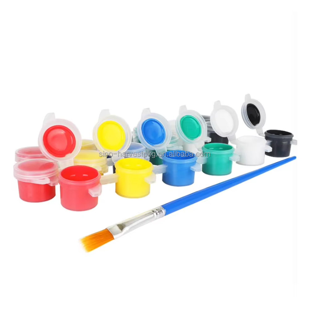 High Quality Small Can Acrylic Paint Set 6 Pieces in 12 Vivid Colors Glass Medium for Paper Canvas Painting Two Brushes Included