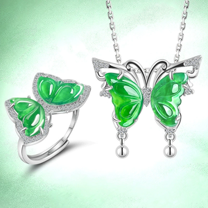 Authentic natural jadeite green butterfly pendant in icy-grade <b>jade</b>. S925 silver set with a women's style <b>ring</b> earring - Product Image 1