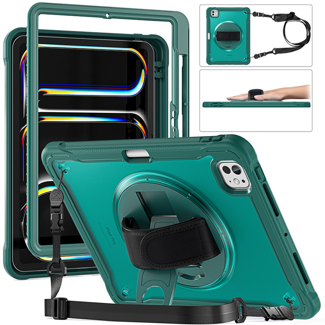 Shockproof Rugged TPU Tablet Case for iPad Pro 11 2024 Built in 360 Rotate Hand Strap Kickstand and Shoulder Strap