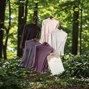 Chemise unisexe en modal à carreaux avec logo, sans repassage, col en U, manches trois-quarts, design gaufré écologique - Product Image 2