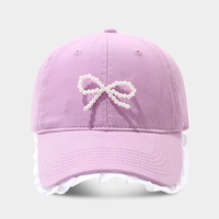 Vente en gros de casquettes en coton avec nœud perlé à la mode avec bord en dentelle casquettes de baseball ajustables de marque personnalisée pour adolescentes