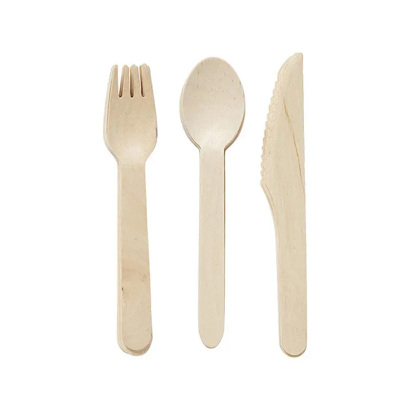 Peralatan makan Birch Biodegradable curah pisau garpu sendok kayu sekali pakai Set alat makan kayu Logo cetak kustom pesta alami